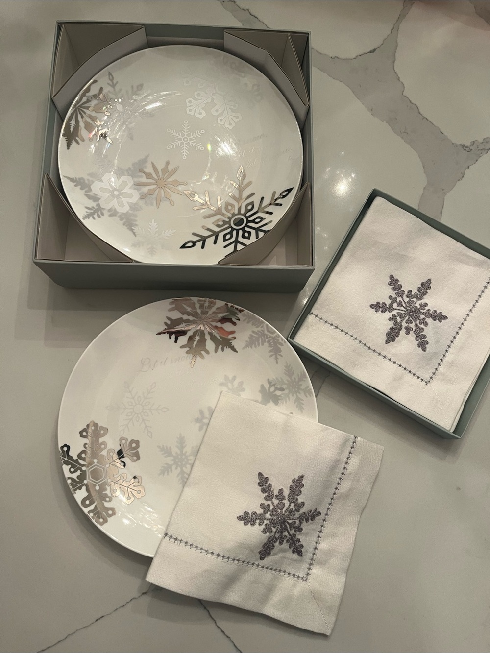 Restoration Hardware White Dinner Plates with Silver Snowflake Accents